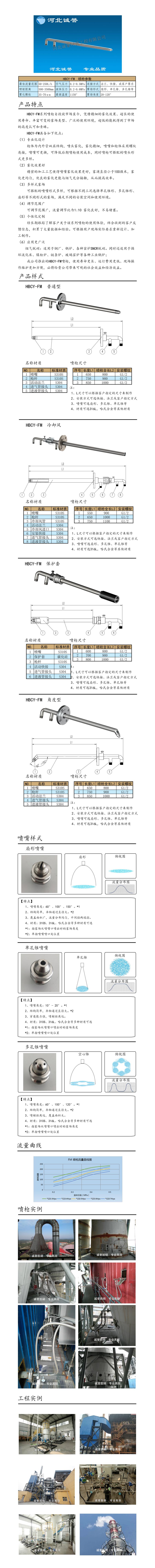 電廠脫硝噴槍保護套、噴槍參數、材質尺寸、流量分布圖、扇形空心錐俯視圖介紹，以及噴槍霧化視頻展示和工程案例介紹